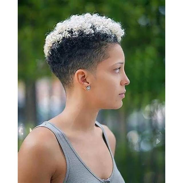 BeiSDWig Short Pixie Wig  Black & White Ombre  Synthetic Curly Hair  For Women