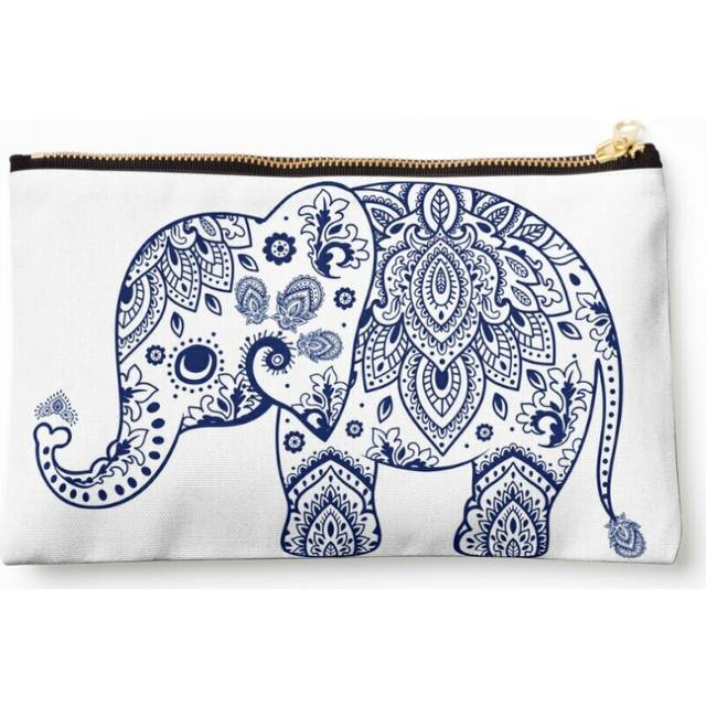 Makeup Bag Blue Floral Elephant Illustration Cosmetic Organizer Tyvek Paper Bags Zipper Pouch