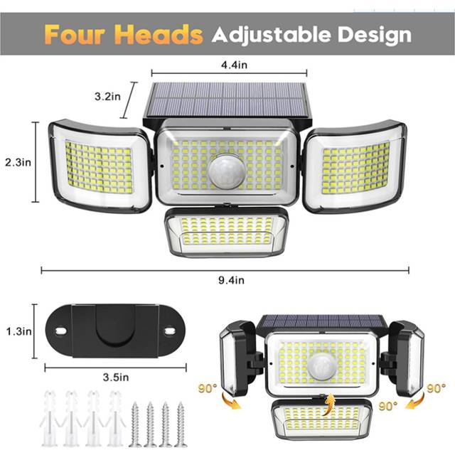 Solar Lights Outdoor 288 LED Solar Sensor Lamp 4 Heads Adjustable Motion Sensor Lights 3 Modes black