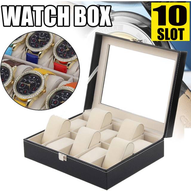 10 Grids Black Watch Box Top Glass Display Case Superior PU Leather