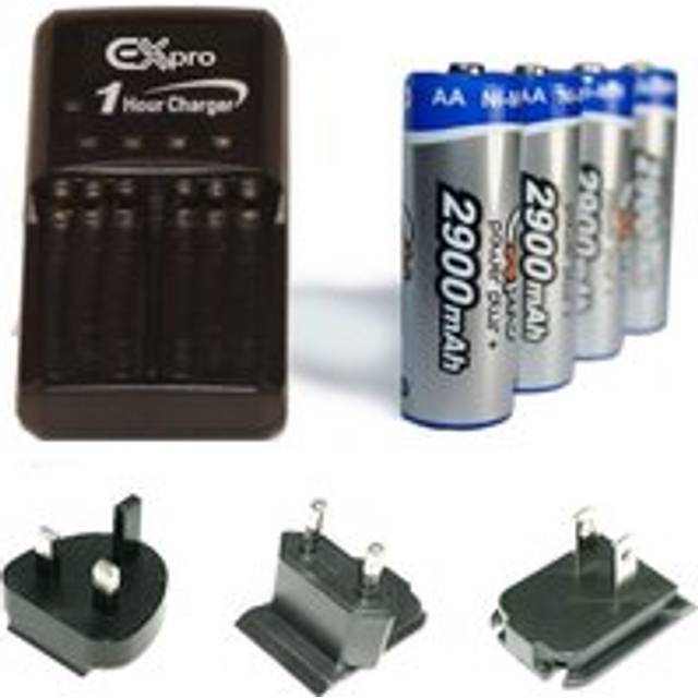 Ex-Pro Ultra Fast 1 Hour Battery Worldwide Travel Charger + 4 x AA 2900mAh Batteries
