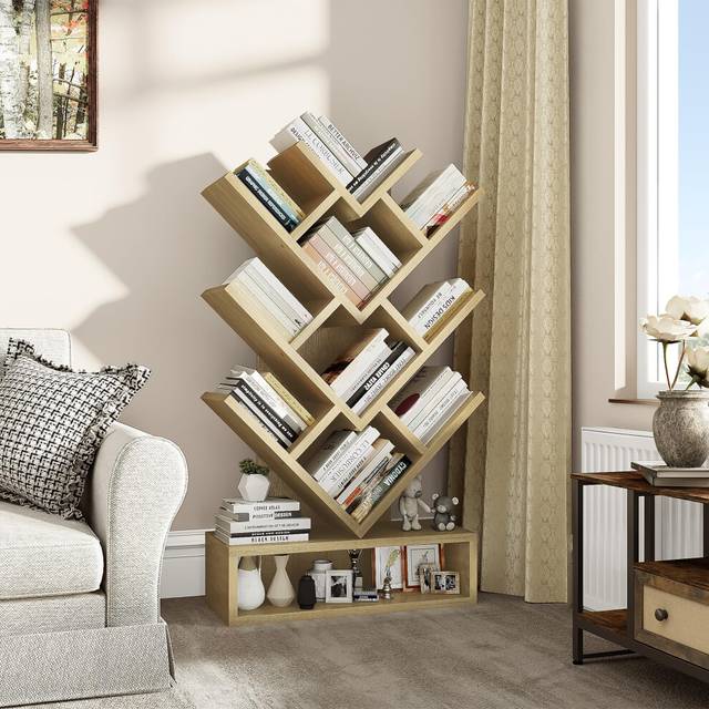 YITAHOME Tree Bookshelf, Floor Standing Bookcase with Wooden Drawer Industrial Shelving Units Display Storage Shelf for Living Room,Home,Office, Oak