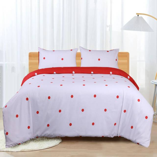 (White & Red Dotted, King) Reversible Duvet Quilt Cover Floral Bedding Sets
