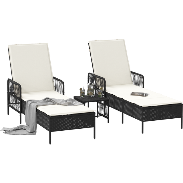 vidaXL Sun Lounger Set Set of 3 Black and cream white PE rattan, metal