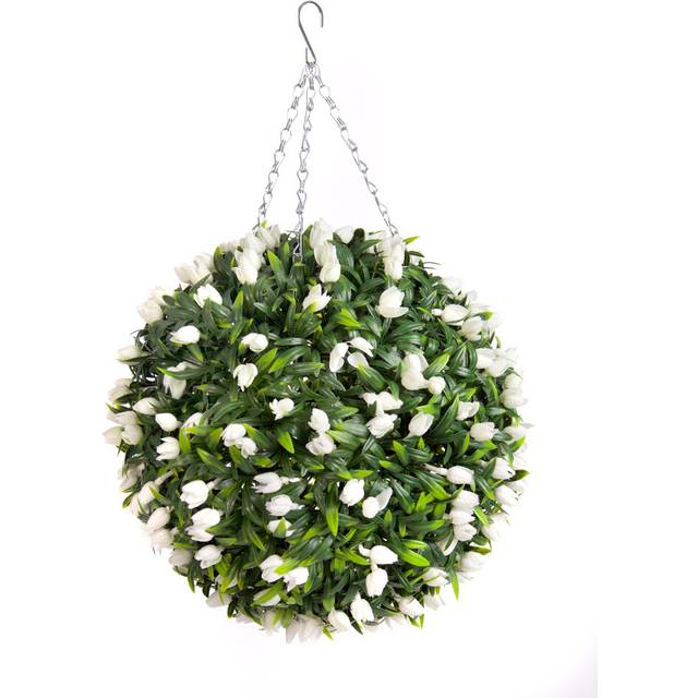 Pair of Best Artificial 38cm White Tulip Hanging Basket Flower Ball
