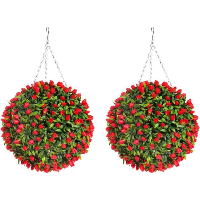 Pair of Best Artificial 38cm Red Tulip Hanging Basket Flower Ball
