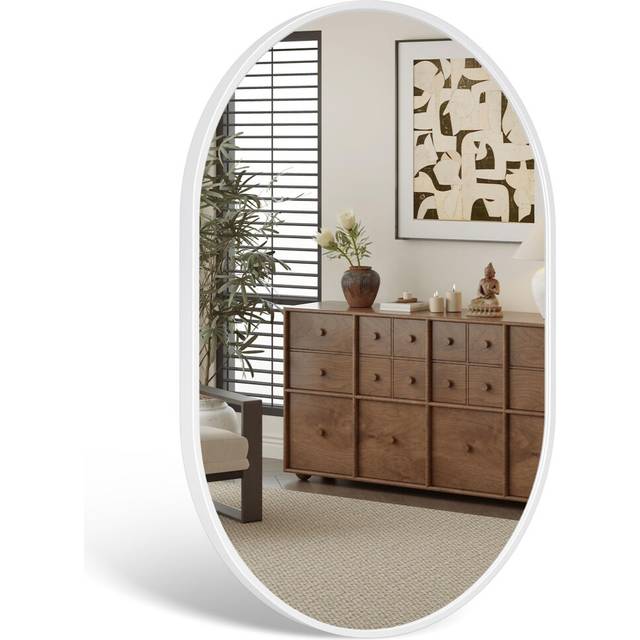 Dripex 50 x 70cm Oval Mirror, Wall Mounted Bathroom Mirror, Horizontal or Vertical Hanging Wall Mirror for Living Room, Bedroom, Entryway, White