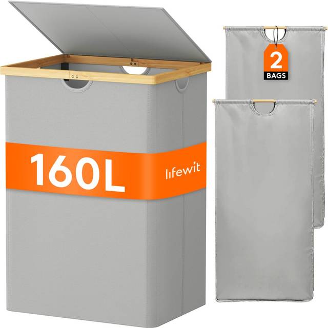 Lifewit 160L Double Laundry Hamper with Lid, Extra Large Bamboo Laundry Basket Dirty Clothes Hamper, 2 Section Laundry Bin Organizer for Laundry Room