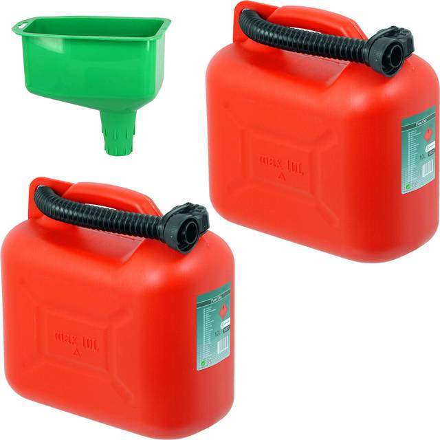 Fuel Can 10l Red Large Plastic Petrol Diesel Jerry Can Canister Spout Funnel X 2