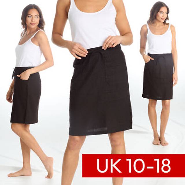 (Black, 10) Ladies Linen Viscose Blend Above The Knee Length Summer Straight Skirts Uk 10-18