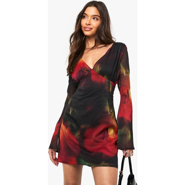 Womens Blurred Floral Chiffon Plunge Mini Dress - Red - 16