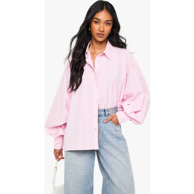 Womens Stripe Volume Sleeve Oversized Shirt - Pink - 14