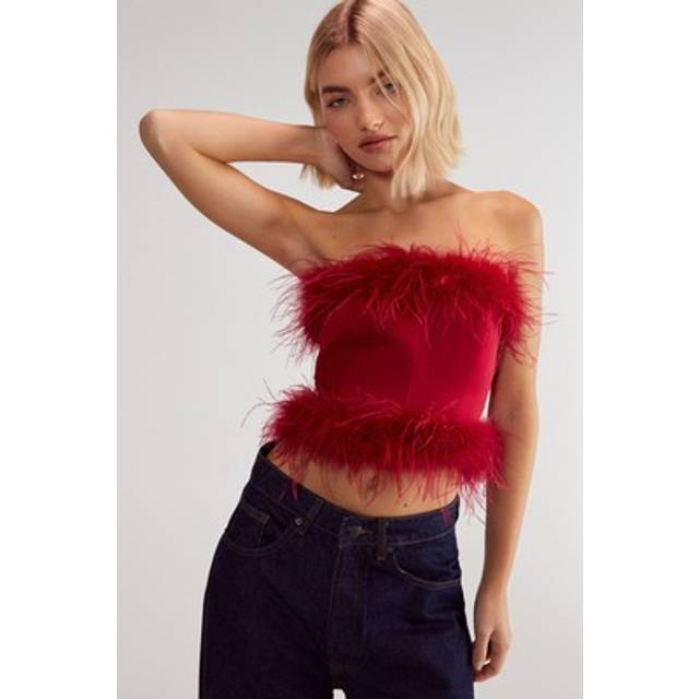 Womens Satin Boned Feather Corset - Red - 4