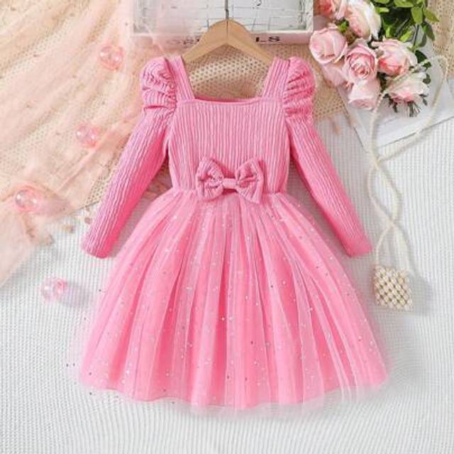 SHEIN Young Girls New Pink Star Sequin Mesh Tutu Dress Princess Party Gown With Bowknot And Long Sleeves, Spring/Autumn Pink Dresses For Kidspink Princess D