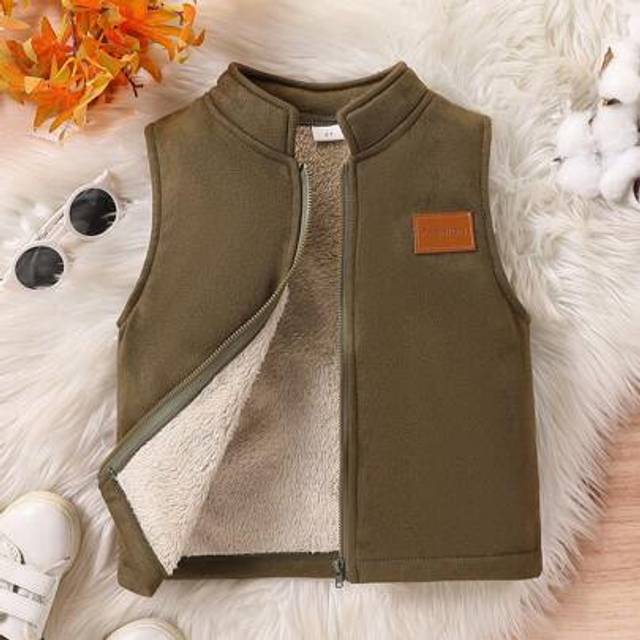 SHEIN Young Boys&#39; Fashion Casual Thermal Lined Thicken Faux Leather Patch Decor Stand Collar Zip-Up Vest