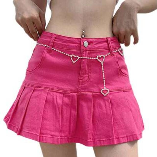 SHEIN Women&#39;s Summer Pleated Jean Skirt Casual A-Line Short Skirts Ruffle Y2K Mini Denim Skirt