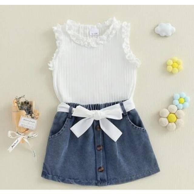 SHEIN Kids Girl 2 Piece Outfit Solid Colors Ruffles Tank Tops And Button Denim Skirt With Belt Set For Toddler Summer Clothes