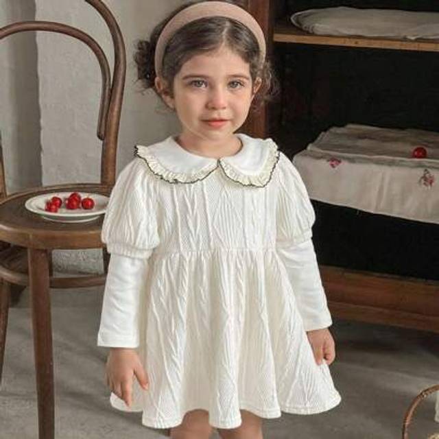 SHEIN Infant/Toddler Girl Solid Color Knit Round Neck Puff Sleeve Dress