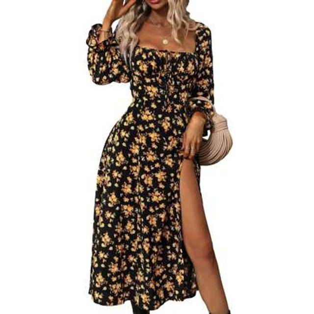 SHEIN Womens Casual Square Neck Long Sleeve Boho Floral Midi Dress Print Side Split Dresses