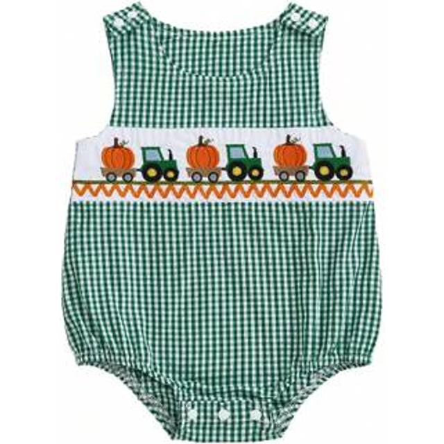 SHEIN Newborn Infant Baby Girl Halloween Outfit Clothes Pumpkin Embroidery Romper Plaid Sleeveless Bodysuit Top
