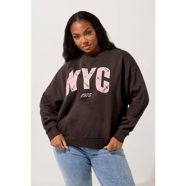 Yours Curve Brown 'Nyc' Check Sweatshirt, Women's Curve & Plus Size, Yours - 26-28