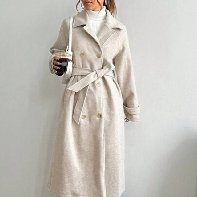 Flirla Women&#39;s Solid Color Notched Collar Double-Breasted Long Casual Knitted Coat, Autumn/Winter, Ladies Winter Casual Belted, Double Button, Pocket Regular
