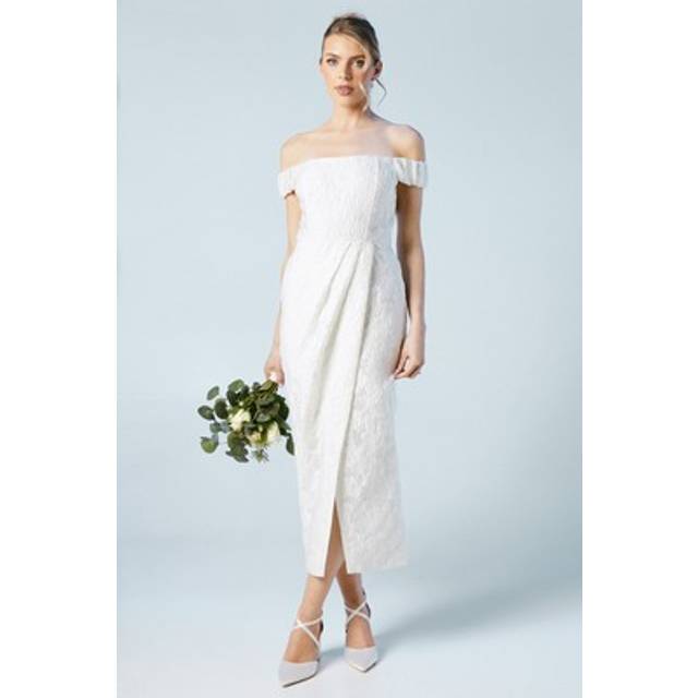 Coast womens bridal column dress ivory jacquard bardot off shoulder midi