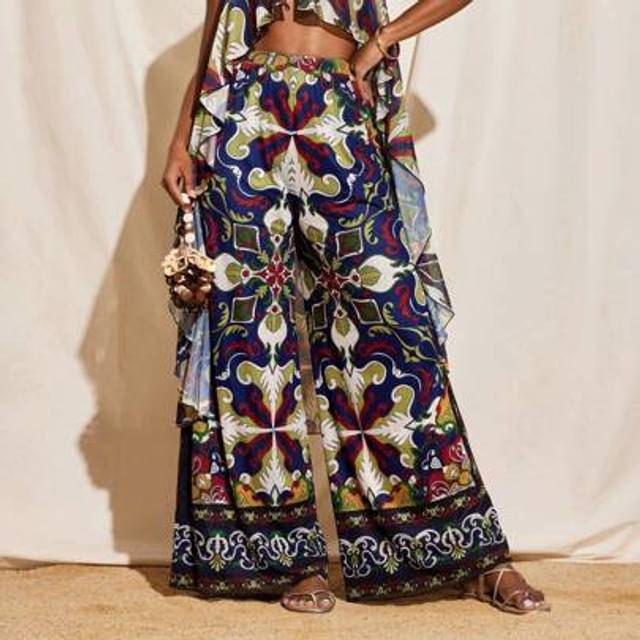 SHEIN Boho Printed Transparent Mesh Flowy Wide-Leg Long Pants Women Summer Vacation Casual Women Summer Clothing Beach Vacation Outfits European Summer Goin