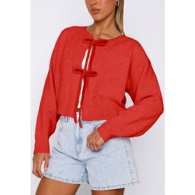 SHEIN Women Y2k Tie Front Knitted Cardigan Sweater Top Long Sleeve Crewneck Open Front Casual Cropped Cardigan Shirt