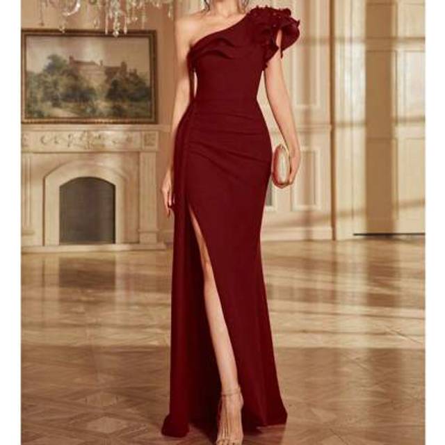 SHEIN Spring/Summer High Slit Wedding Party Guest Dress With Sequin Embellishment, Open Back & Ruffle Trim, Fitted