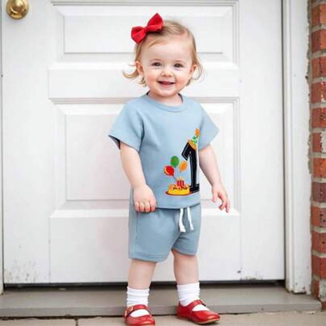 SHEIN Toddler Girls Boys Birthday Outfits Letter Balloon Embroidery Short Sleeve T-Shirts Elastic Waist Shorts 2Pcs Clothes Set