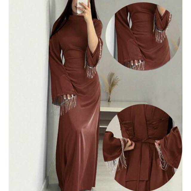 SHEIN Women&#39;s Stand Collar Flare Sleeve Belted Maxi Abaya Dress,Modest