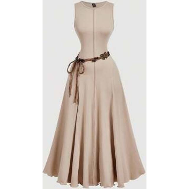 SHEIN Khaki Vintage Sleeveless A-Line Dress With Exposed Seam, Including Retro Bow Belt - Perfect For Women&#39;s Vacation Wear, Western Style, Country Look, Be