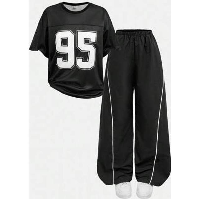 SHEIN Teen Girls Sporty Letter Print Drop Shoulder T-Shirt And Sweatpants Set Outfit Set Girl Outfit Set 90s Outfit Teen Outfit Girls Outfit