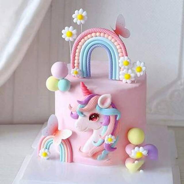 SHEIN 1pc Unicorn Cake Topper, Rainbow Cake Topper, Soft Clay Baked Cake Decoration, Unicorn Theme Birthday Plug-In, Cloud Balloon Star Cake Decoration, Sui
