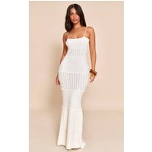 Petite Cream Scalloped Edging Knitted Maxi Dress, White - XS