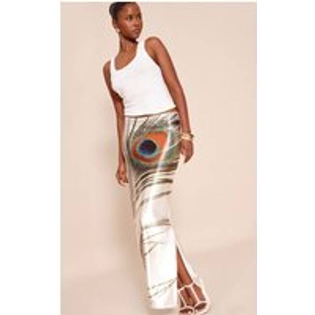 Cream Feather Print Stretch Satin Maxi Skirt, White - 14
