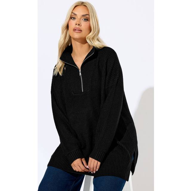 Yours Curve Black Quarter Zip Jumper, Women's Curve & Plus Size, Yours - 18-20