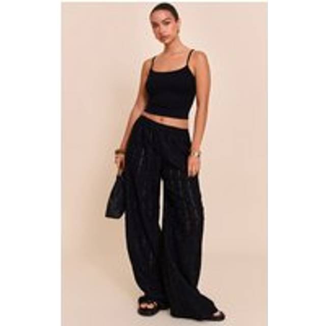 Black Crochet Textured Wide Leg Trousers, Black - 16