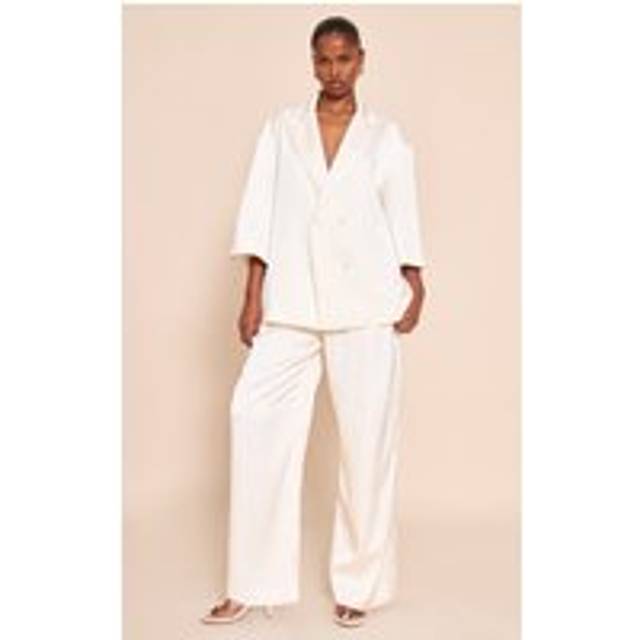 Cream Tailored Satin Wide Leg Trouser, White - 4