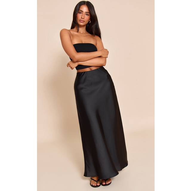 Petite Black Satin Flowy Maxi Skirt, Black