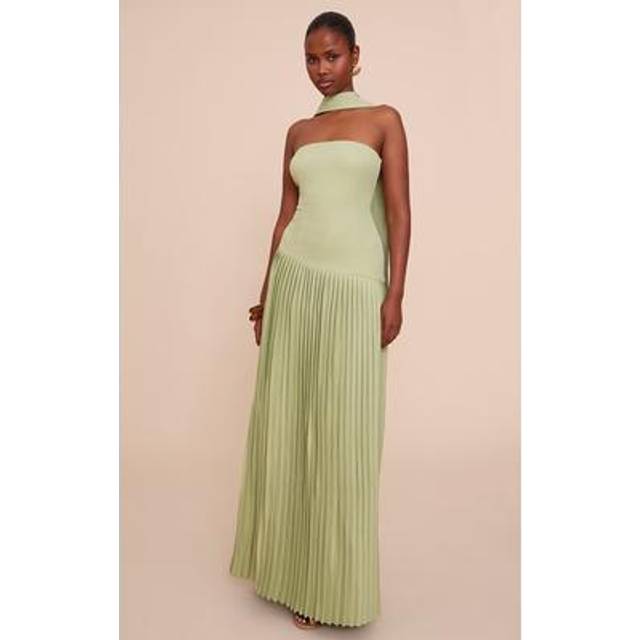 Sage Green Woven Asymmetric Pleated Maxi Dress, Sage Green - 16