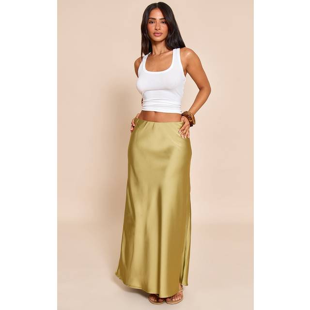 Petite Khaki Satin Flowy Maxi Skirt, Green - XS