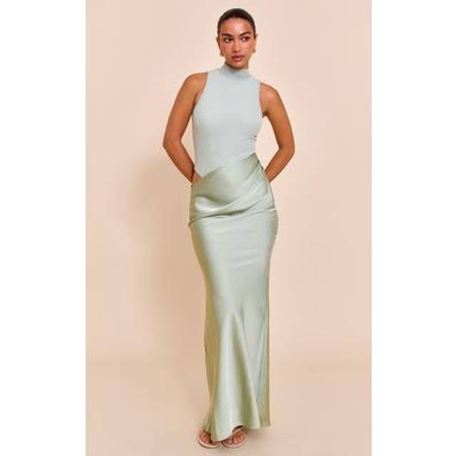 Sage Green Mesh Racer Satin Skirt Maxi Dress, Sage Green - 14