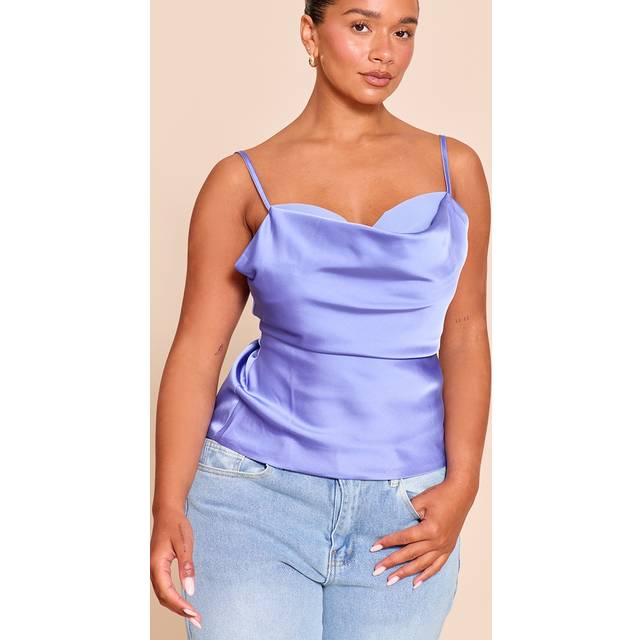 Shape Blue Satin Cowl Neck Chiffon Insert Top, Blue - 16
