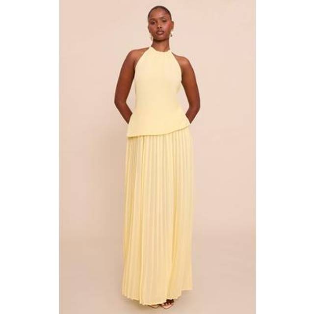 Lemon Overlay Pleated Skirt Maxi Dress, Lemon - 4