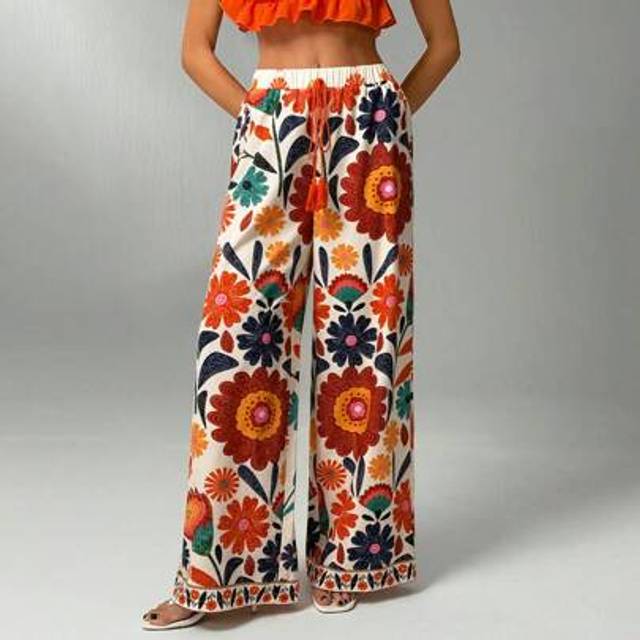 SHEIN Music Festival Vacation Resort Women&#39;s Full-Length Floral Print Pattern Resort Wide Leg Pants