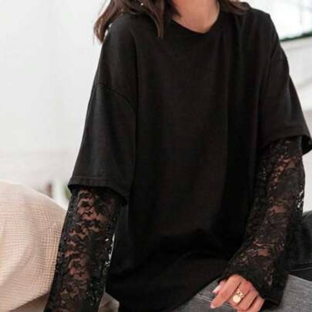 SHEIN 1pc Women&#39;s Casual Lace Splice Long Sleeve Regular T-Shirt, Comfortable And Fashionable For Daily Wear, Going Out, Office, Back To School, Music Festi