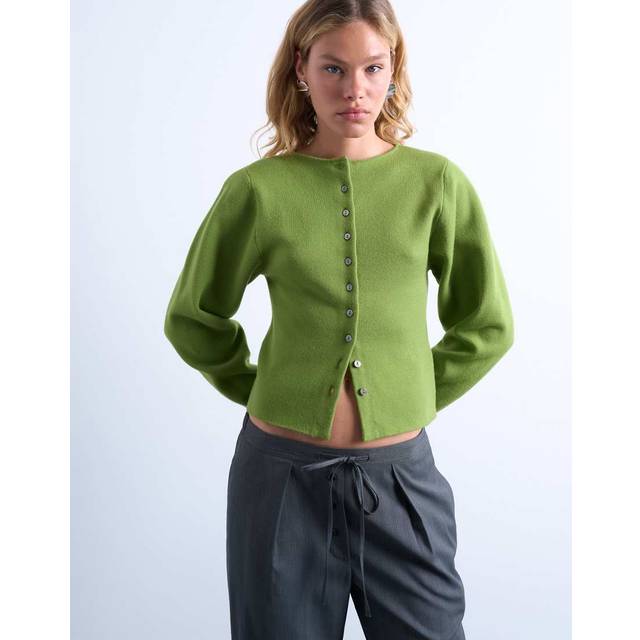 Topshop – Grön, tätstickad kofta med ballongärm-Grön/a