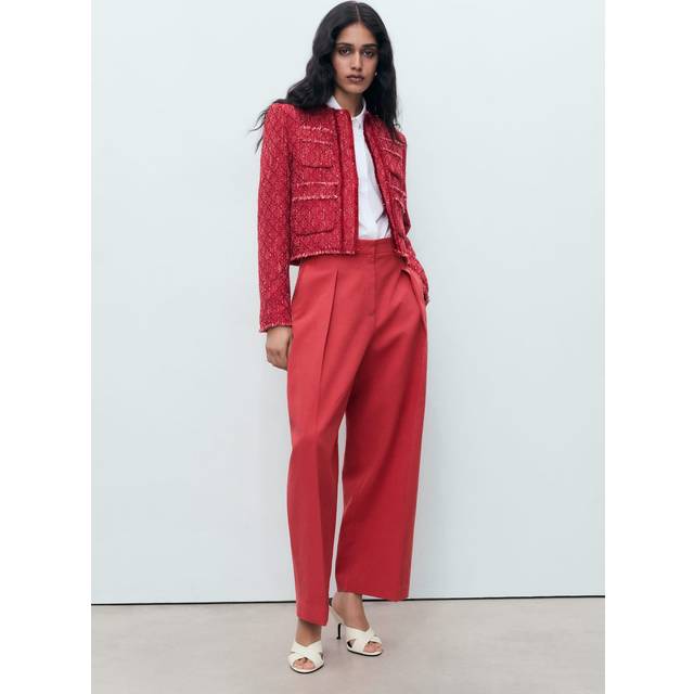 MANGO Tweed Jacket With Frayed Ends Dam Jackor Stl. XS - Från Magasin - Red (XS)